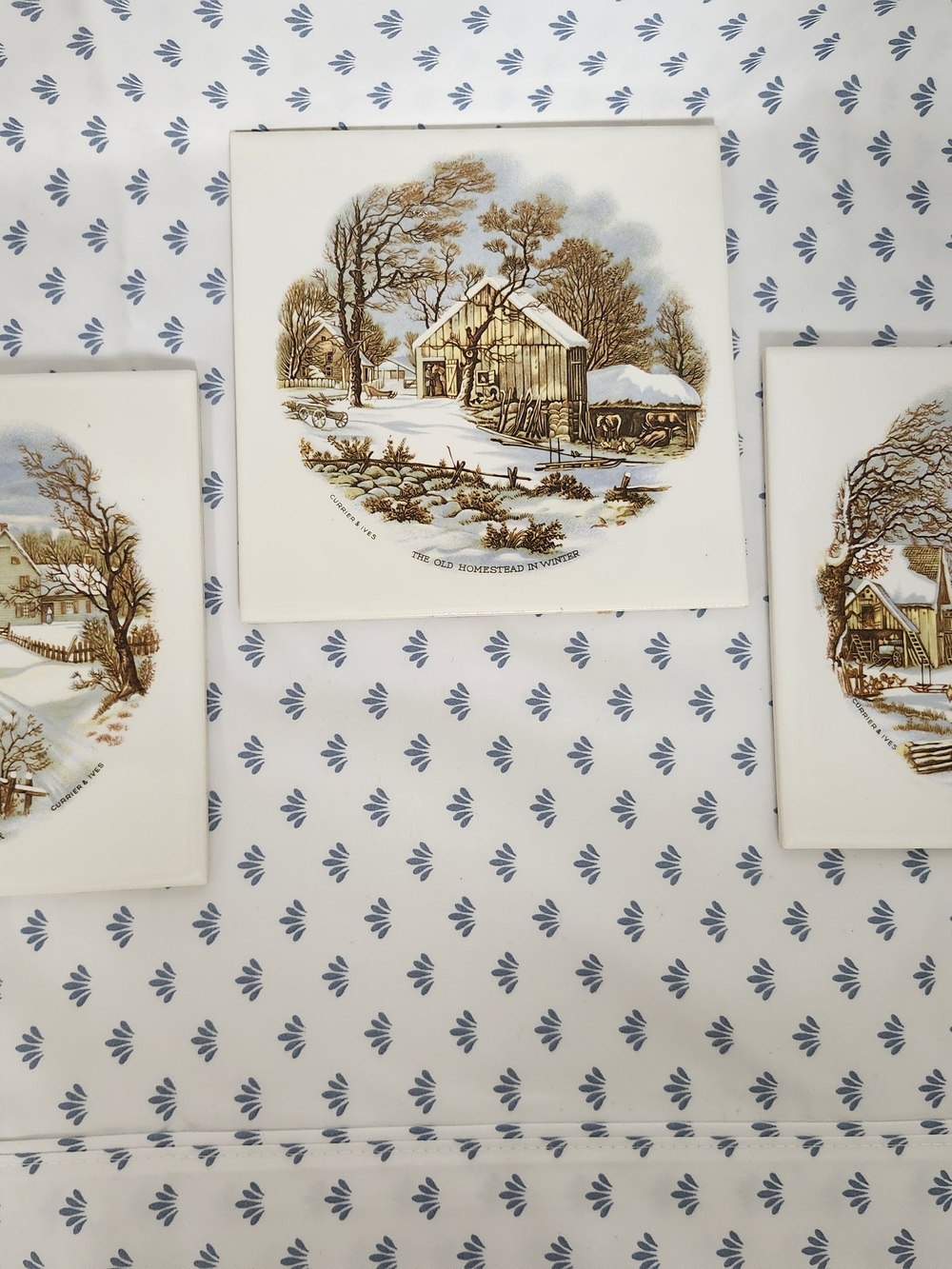 Hyalyn Currier & Ives Winter Scene Ceramic Wall Tiles Set of 3 USA